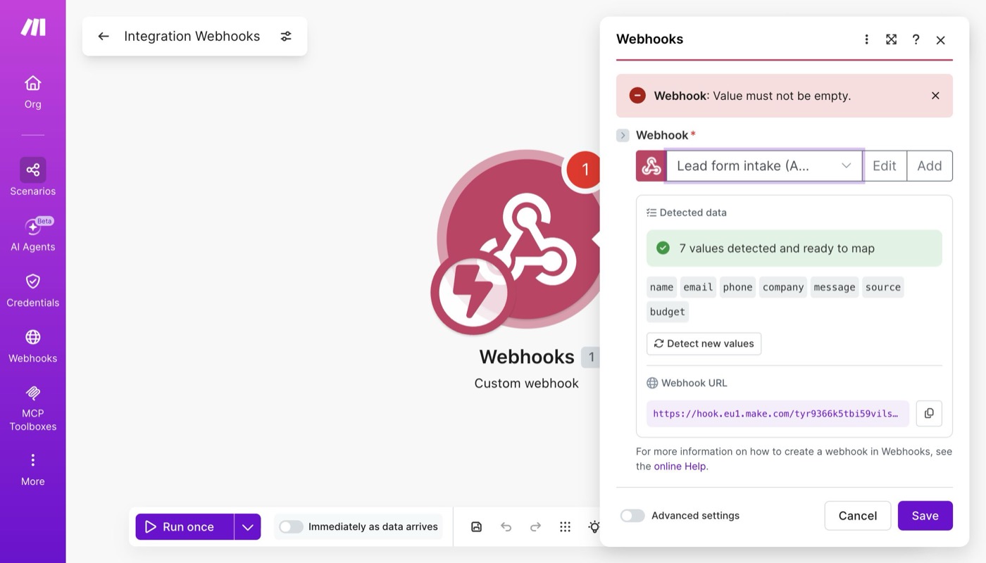 Make detecting 7 lead fields from a real webhook payload